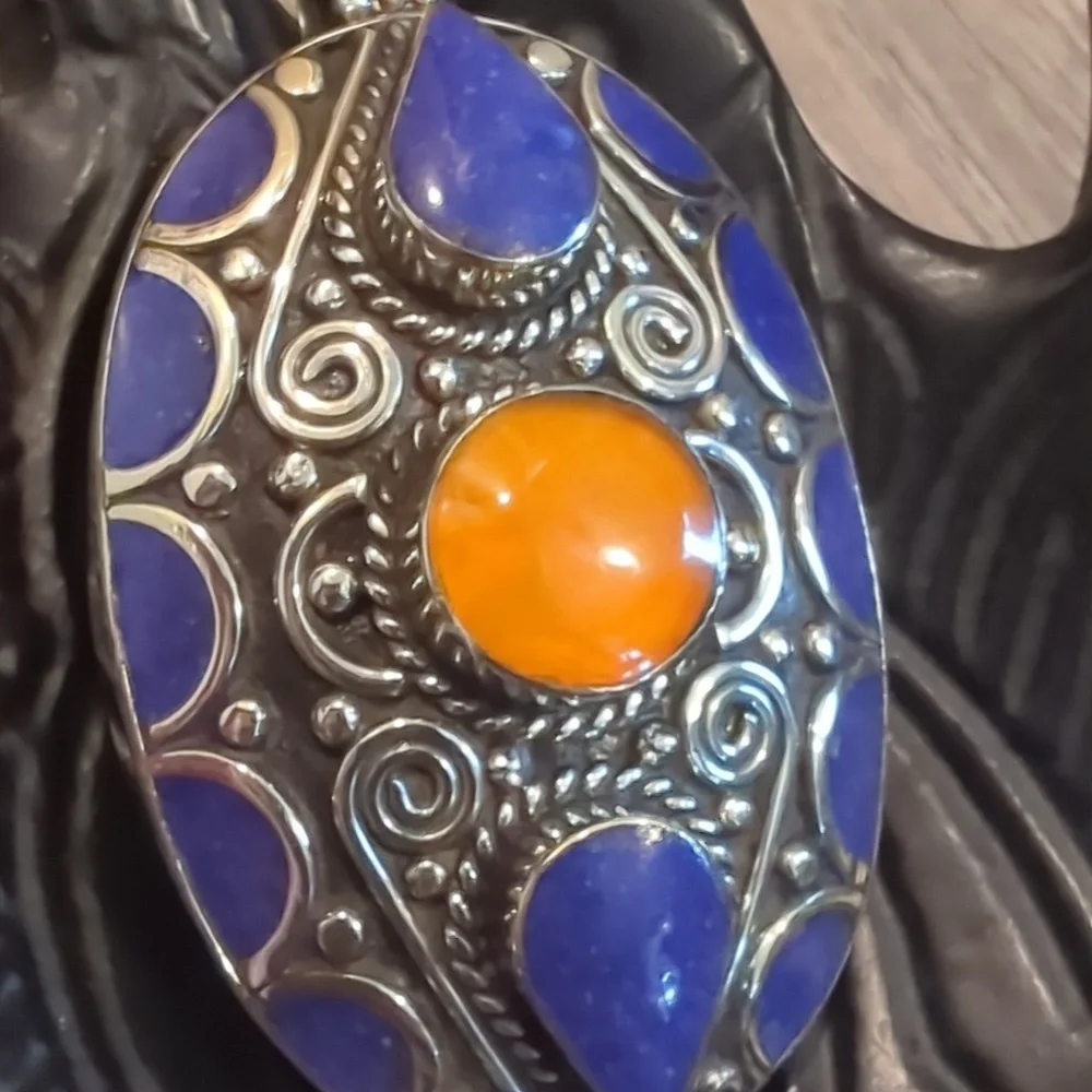 Tibetan Silver Lapis And Copal Pendant